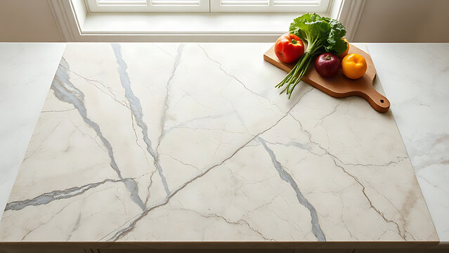 Pegmatite slab with vegetables and wooden board, food preparation and natural stone surface concept