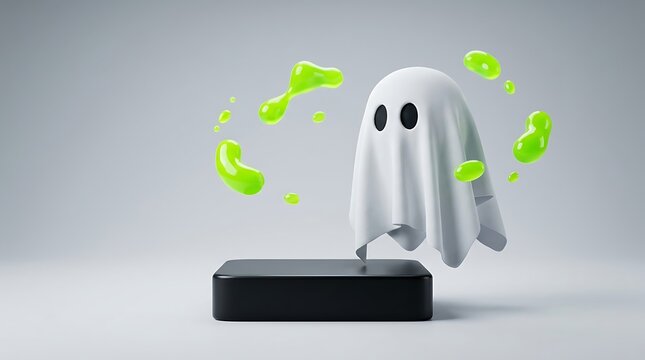 White ghost with green slime on black pedestal