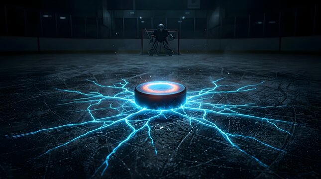 Glowing ice hockey puck with electrical energy sparks on frozen rink