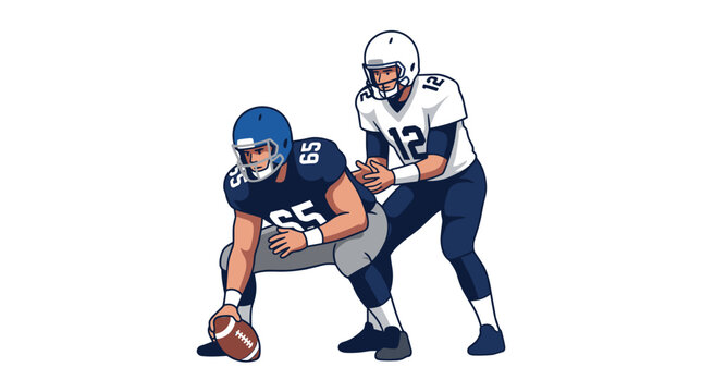 Football Play Illustration: A quarterback prepares to receive the snap from the center as they run a play during a football game.