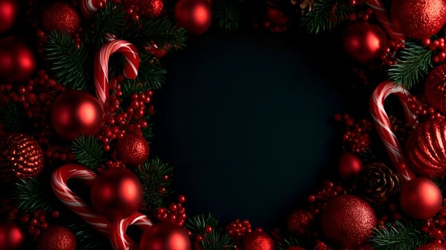 Festive red Christmas ornaments and candy canes arranged in a border on dark background