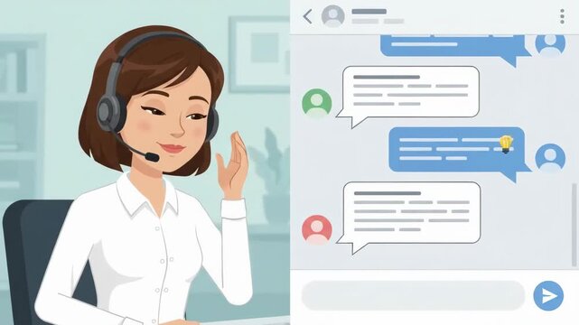 Customer service agent at work, online chat, feedback, positive review, business support