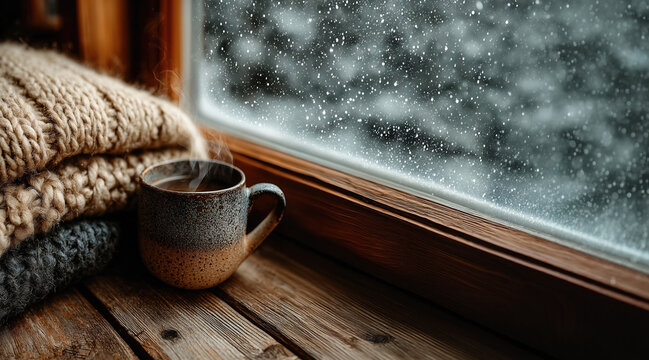 Warm cup of coffee on a wooden windowsill with snowy winter view outside
