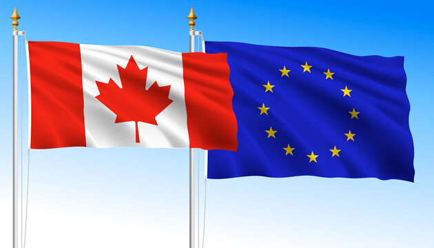 Canada and European Union waving flags on the blue-sky background, illustration