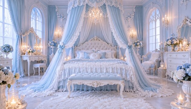 Elegant blue and white bedroom with romantic canopy bed