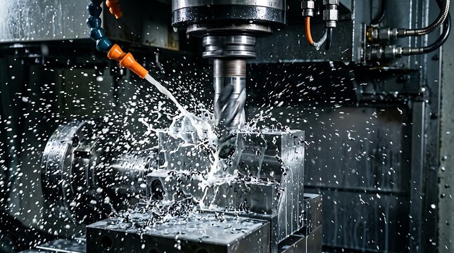 Milling machine drilling metal with liquid coolant