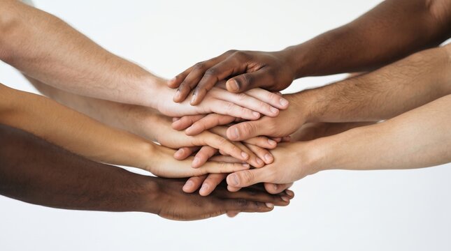 Diverse group of people stacking hands together to show unity and solidarity with team spirit support group joining hands teamwork