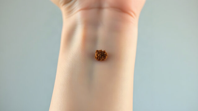 Healing scrape with scab on forearm, recovery and skin care concept