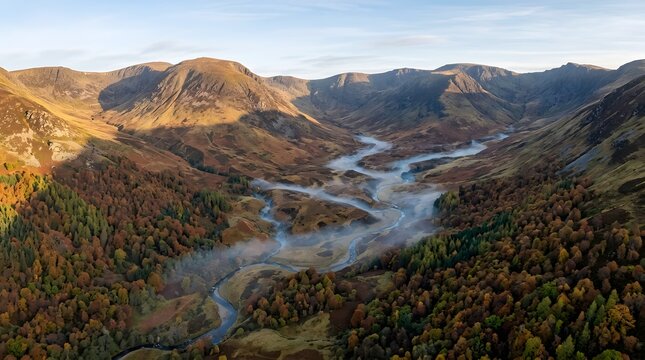 Braided River winding through a Broad Autumn Mountain Valley