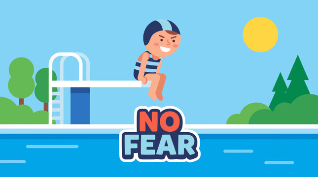 Optimistic Kid Overcoming Fear on Diving Board Vector