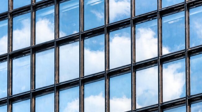 Modern Glass Facade of an Office Building Reflecting Blue Sky and Clouds Corporate Architecture