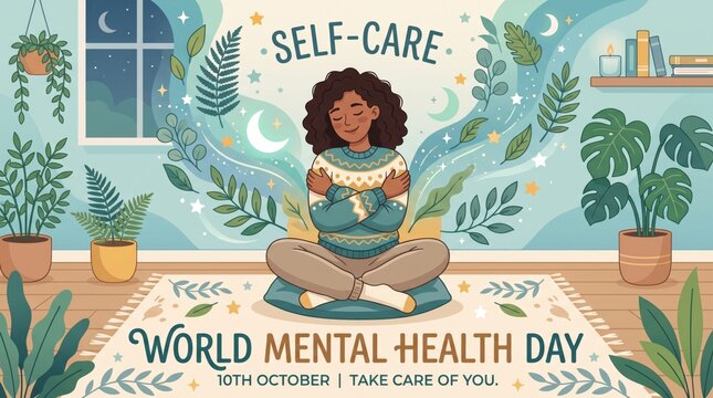 Illustration representing world mental health day with a person embracing themselves self care self love well being mental awaren