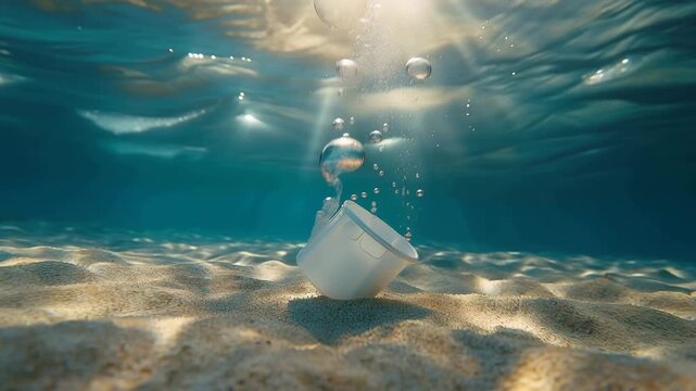 Plastic Cup Sinking Underwater on Sandy Ocean Floor