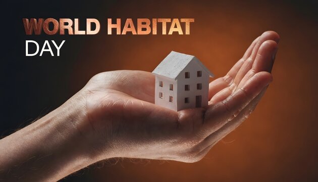 Human hand holding a small white house model against a dark background
