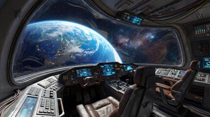 Fototapeta premium Spaceship Cockpit Interior with View of Earth and Space Through Window