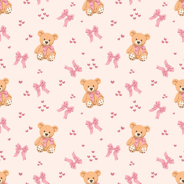 Cute seamless pattern featuring teddy bears, pink bows, and hearts on a soft pastel pink background, perfect for baby products, nursery decor, wrapping paper, fabric, stationery, and textile designs.