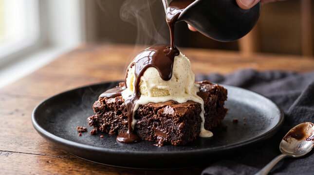 Delicious chocolate brownie topped with vanilla ice cream and hot syrup perfect for sweet dessert menus and culinary restaurant promotions