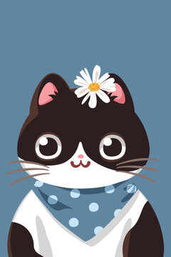 Cute black and white cat with big eyes, a daisy flower on its head, and a blue polka dot scarf, perfect for kawaii designs, stickers, cards, and merchandise.