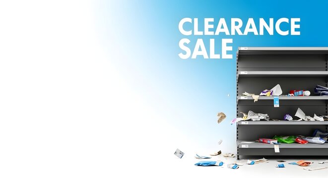 Messy shelf with clearance sale sign on blue background