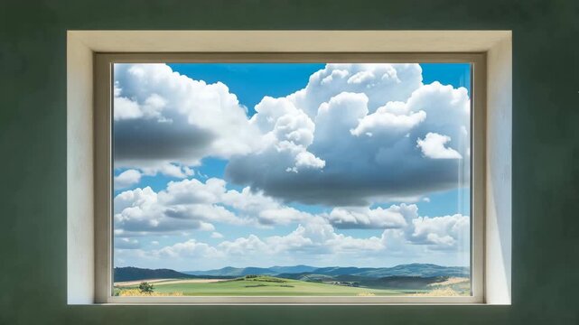 Bright Blue Sky with White Clouds Viewed Through Window