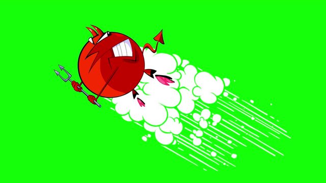 Devil rocket with smoke trail isolated green screen animation. Funny cartoon bad creature character animation greenbox background flying wit hell fire and fork crazy shaking cartoon animated character