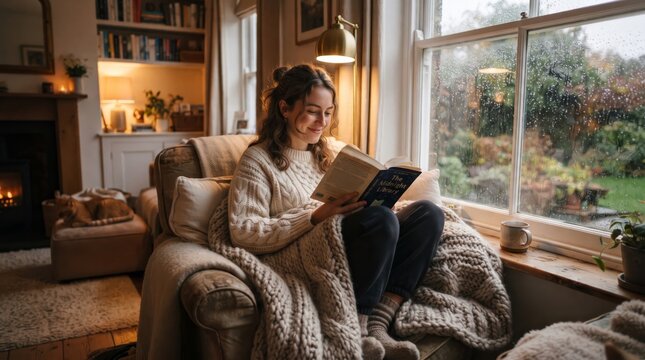 Cozy woman reading a book in an armchair by a rainy window with rainy day comfortable home knitted sweater indoor relaxation