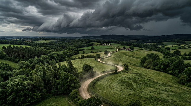 Dramatic dark stormy clouds over rolling green hills and winding dirt road perfect for moody nature photography and atmospheric travel project