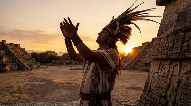Aztec Emperor Figure in Feathered Headdress Worshipping at Sun Temple