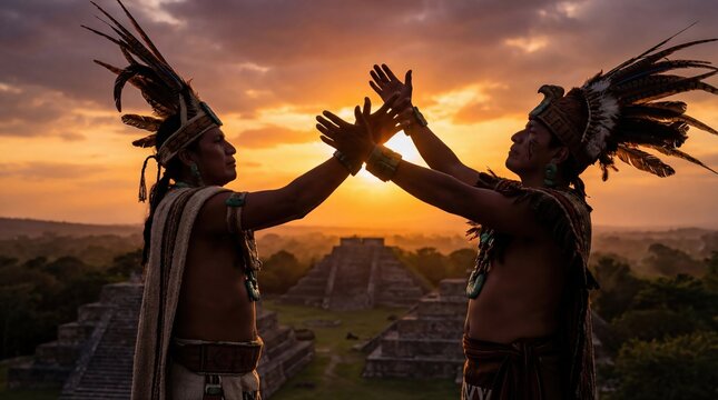 Aztec Priests in Feathered Headdress Raising Hands at Sunset
