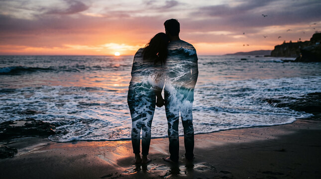 Artistic double exposure of romantic couple hugging on beach at sunset perfect for creative visual storytelling and emotional relationship art