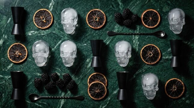 Cocktail ingredients with skull ice cubes on green marble.