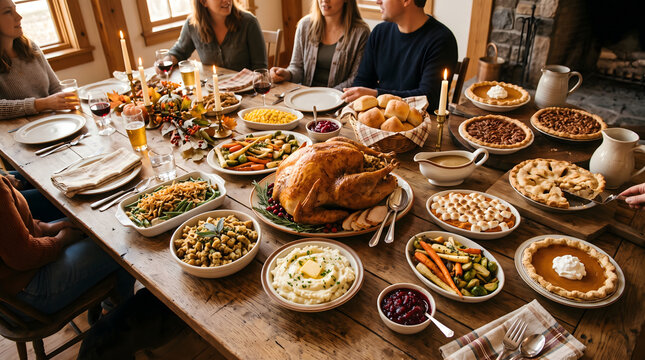 Thanksgiving dinner spread with turkey sides and pie on long rustic wooden table warm afternoon light