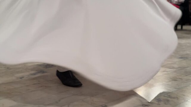Whirling Dervish Spinning Motion Close Up Feet and White Skirt Sufi Dance 4K