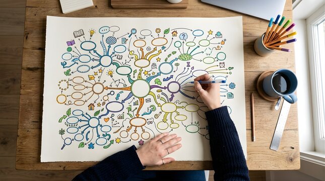 Person drawing a colorful mind map on paper at a wooden desk