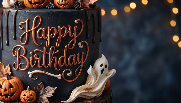 Dark moody Halloween birthday cake with Happy Birthday topper, ghost, and bokeh light