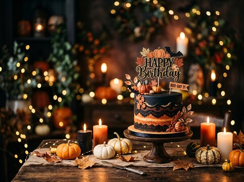 Halloween Happy Birthday cake on rustic wooden table with burning candles and bokeh lights