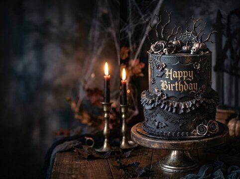 Dark moody Halloween birthday cake on wooden table with burning candles and mini pumpkins