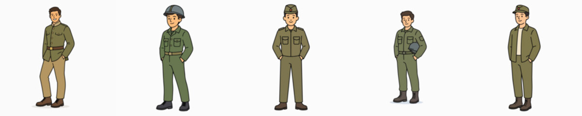 Obraz premium A set of vector illustrations of a male soldier posing while standing with his hands in his pockets.