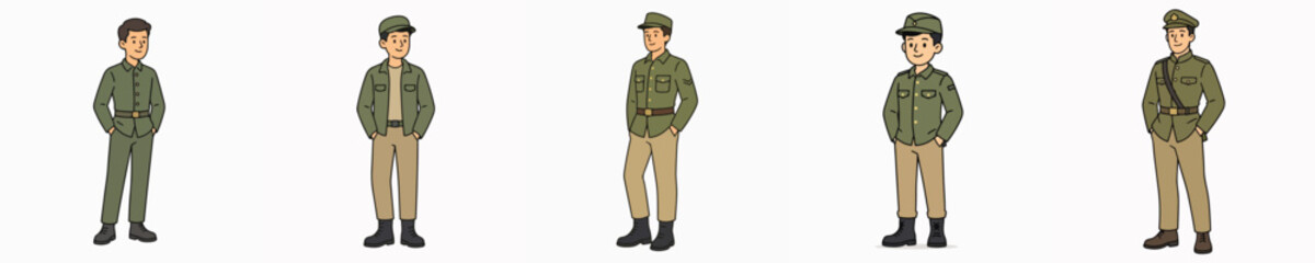 Obraz premium A set of vector illustrations of a male soldier posing while standing with his hands in his pockets.