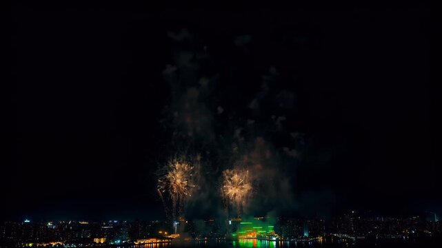 Vibrant Fireworks Explode over City Skyline at Night with Reflective Water Below Cinematic Celebration