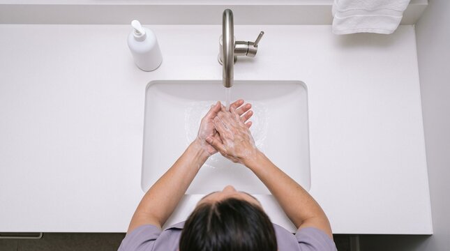 Person washing hands at a bathroom sink viewed from above  