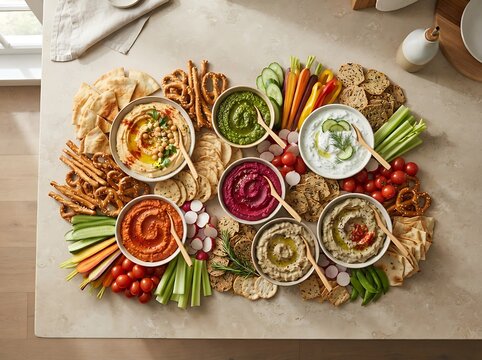 Colorful healthy hummus dips platter with fresh vegetables. kitchen dip station
