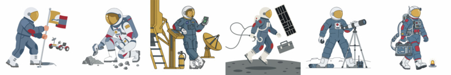 Flat design set of astronaut characters performing various activities during a space mission on a lunar surface including planting a flag and collecting samples. © Slamet