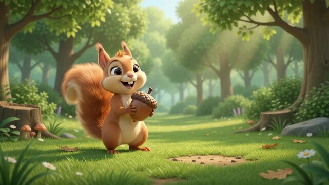 Cute animated squirrel gathering acorns in a sunny forest path, cartoon wildlife