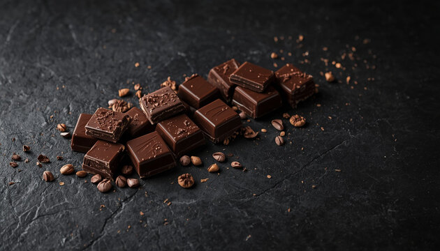 Dark Chocolate Cubes with Roasted Coffee Beans on Dark Background