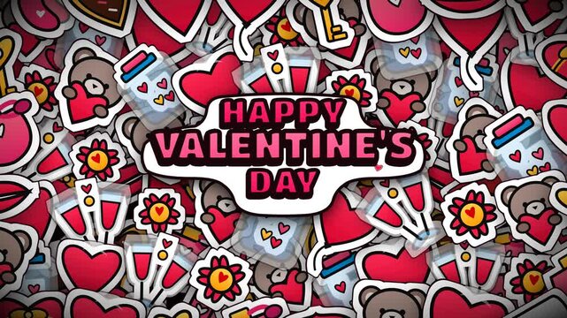 Happy Valentine's Day greeting with heart and teddy bear stickers