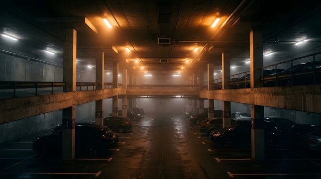 Underground concrete parking garage interior with moody orange lighting and parked cars
