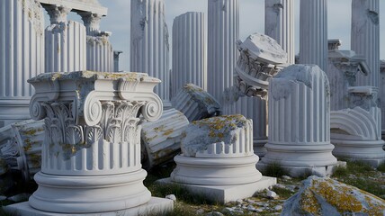 Obraz premium Set of ancient white classical columns in varying decay 