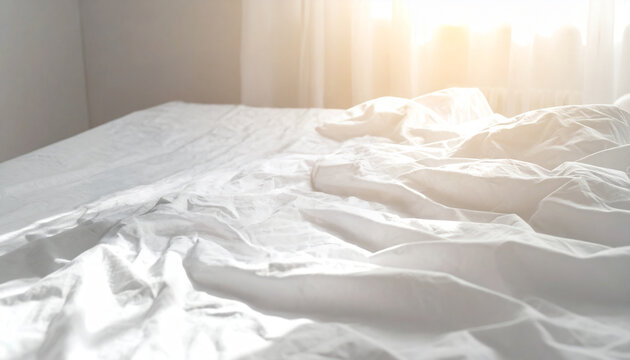 Sunlight shining on rumpled white cotton bed sheets in modern cozy bedroom