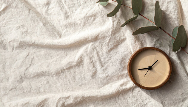 Aesthetic flat lay with wooden clock and dried eucalyptus leaf on textured linen cloth with copy space